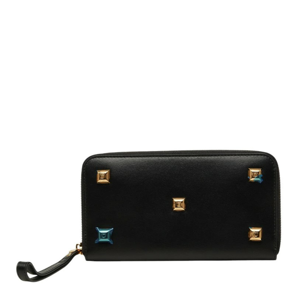 Salvatore Ferragamo Studded Gancini Round Zip Long Wallet Black Leather